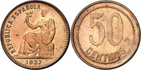 1937. II República. 50 céntimos. (AC. 28). Orla de puntos cuadrados. 5,85 g. EBC+.