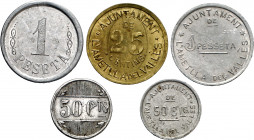 L'Ametlla del Vallès. 25, 50 céntimos (dos) y 1 peseta (dos). (AC. 1 a 5) (T. 199 a 203). 5 monedas, serie completa. Raras. MBC+/EBC.