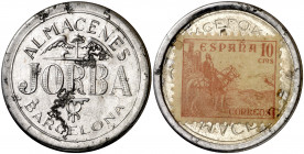 Barcelona. Almacenes Jorba. 10 céntimos. (AL. 1386). Chapa metálica con sello pegado. Manchitas. 1,34 g. MBC+.