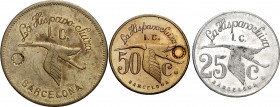 Barcelona. La Sagrera. La Hispano Suiza I.C. 25, 50 céntimos y 1 peseta. (AL. 1557, 1558 y 1559). 3 monedas. MBC+/EBC.