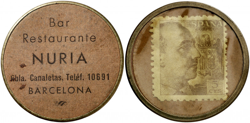 Barcelona. Bar Restaurante Nuria. 5 céntimos. (AL. falta). Ex Áureo & Calicó 15/...