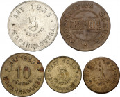 Esparraguera. Cooperativa Obrera Germinal. 5, 10 céntimos y 1 y 5 pesetas (dos). (AL. 602 a 605 y 609v). 5 monedas, serie completa más una variante. M...
