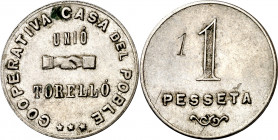 Torelló. Cooperativa Casa del Poble. 1 peseta. (AL. 3028v). Contramarca 1. 3,67 g. MBC-.