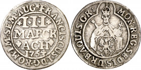 Alemania. Aachen. 1754. Francisco I. 3 marcos. (Kr. 50). Escasa. AG. 1,62 g. MBC.