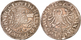 Alemania. Augsburgo. MDXIX (1519). Heberhard IV. 1 batzen. (Kr. 17). A nombre de Maximiliano Escasa. AG. 3,46 g. MBC-.