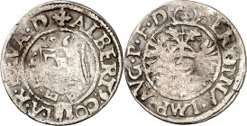 Alemania. Baviera. 1564. Alberto V. Múnich. 2 kreuzer (1/2 batzen). (Kr. 250). A nombre de Fernando I. Alabeada. AG. 1,38 g. (BC+).
