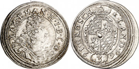 Alemania. Baviera. 1696. Maximiliano II, Emmanuel. Múnich. 3 kreuzer (groschen). (Kr. 367). AG. 1,55 g. MBC+/EBC-.