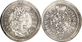 Alemania. Baviera. 1698. Maximiliano II, Emmanuel. Múnich. 15 kreuzer (1/4 gulden). (Kr. 369.2). Rayitas. Escasa. AG. 5,82 g. MBC.