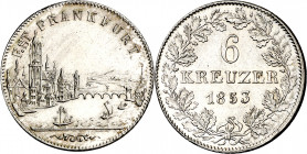 Alemania. Frankfurt del Meno. 1853. 6 kreuzer. (Kr. 350). AG. 2,69 g. EBC-.