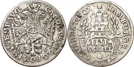 Alemania. Hamburgo. 1727. Carlos VI. IHL. 4 schilling. (Kr. 359.1). Rayitas. AG. 2,87 g. MBC-.