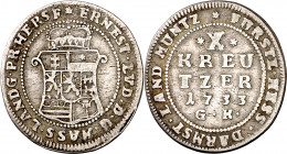 Alemania. Hessen-Darmstadt. 1733. Ernesto Luis. GK. 10 kreuzer. (Kr. 148). AG. 2,24 g. MBC.