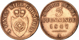 Alemania. Lippe-Dethold. 1847. Leopoldo II. A (Berlín). 3 pfennig. (Kr. 252). Limpiada. CU. 4,28 g. MBC-/MBC.