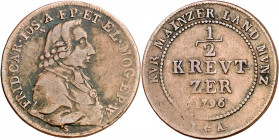 Alemania. Maguncia. 1796. Federico Carlos José. S-IA. 1/2 kreuzer. (Kr. 403). CU. 3,73 g. MBC-.