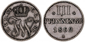Alemania. Mecklenburg-Strelitz. 1862. Federico Guillermo. A (Berlín). 3 pfennig. (Kr. 95). CU. 2,43 g. MBC.