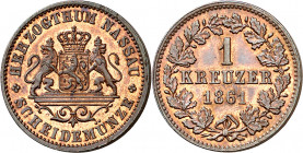 Alemania. Nassau. 1861. Adolfo. Wiesbaden. 1 kreuzer. (Kr. 74). Precioso color. CU. 4,34 g. EBC.