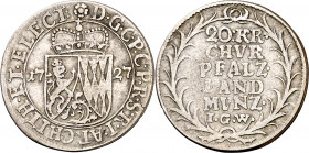 Alemania. Pfalz. 1727. Carlos Felipe. Heidelberg. IGW. 20 kreuzer. (Kr. 216.1). Escasa. AG. 4,53 g. MBC.