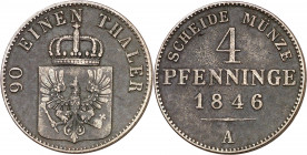 Alemania. Prusia. 1846. Federico Guillermo IV. A (Berlín). 4 pfennig. (Kr. 454). Escasa. CU. 5,91 g. MBC.