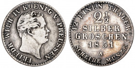 Alemania. Prusia. 1851. Federico Guillermo IV. A (Berlín). 2 1/2 groschen. (Kr. 444). Rayitas. CU. 3 g. MBC-.