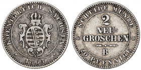 Alemania. Sajonia. 1863. Juan. B (Dresde). 2 neu-groschen. (Kr. 1220). AG. 3,16 g. MBC-.