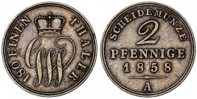 Alemania. Schaumburg-Lippe. 1858. Jorge Guillermo. A (Berlín). 2 pfennig. (Kr. 40). CU. 2,95 g. MBC.