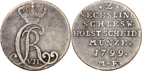 Alemania. Schleswig-Holstein. 1799. Cristian VII de Dinamarca, duque de Schleswig-Holstein. 2 sechsling. (Kr. 120). Rara. CU. 1,43 g. BC+.