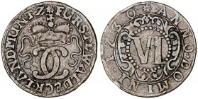 Alemania. Waldeck. 1730. Carlos Augusto Federico. 6 pfennig. (Kr. 173). Golpecitos. CU. 3,36 g. MBC-.