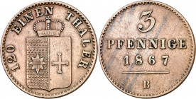 Alemania. Waldeck-Pyrmont. 1867. Jorge Victor. B (Hannover). 3 pfennig (dreir). (Kr. 171.2). Buen ejemplar. CU. 4,54 g. MBC+.