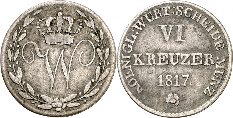 Alemania. Wurttemberg. 1817. Guillermo I. 6 kreuzer. (Kr. 524). Rara. AG. 2,08 g...