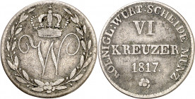 Alemania. Wurttemberg. 1817. Guillermo I. 6 kreuzer. (Kr. 524). Rara. AG. 2,08 g. MBC-.