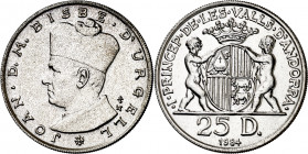 Andorra. 1984. 25 diners. (Kr. 18). En estuche oficial, con certificado nº 000182. AG. 20,54 g. S/C.