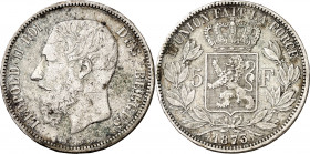 Bélgica. 1873. Leopoldo II. 5 francos. (Kr. 24). AG. 24,79 g. MBC-.