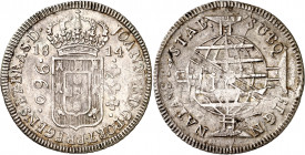Brasil. 1814. Juan, Príncipe regente. B (Bahía). 960 reis. (Kr. 307.1). Acuñada sobre un 8 reales de Carlos IV 1800 (Potosí P.P). AG. 26,92 g. MBC+....