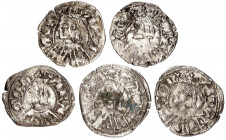 Pere III (1336-1387). Zaragoza. Dinero jaqués. Lote de 5 monedas. MBC/MBC+.