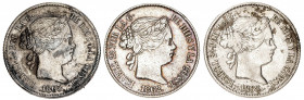 1862 a 1868. Isabel II. Madrid y Sevilla. 4 reales y 40 céntimos de escudo (dos). Lote de 3 monedas. A examinar. BC+/MBC-.