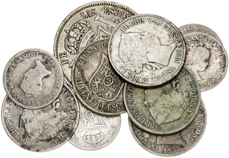 Isabel II. 2 (cuatro) y 4 (dos) reales, 40 céntimos de escudo (tres) y 50 centav...