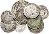 Isabel II. 2 (cuatro) y 4 (dos) reales, 40 céntimos de escudo (tres) y 50 centavos. Lote de 10 monedas. A examinar. BC-/BC+.