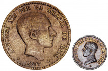 Alfonso XII y Alfonso XIII. Barcelona. Lote de 2 monedas: 10 céntimos 1877 y 1 céntimo 1913*3. BC/EBC+.
