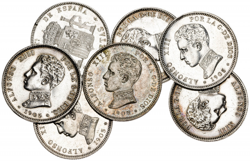 1905*1905. Alfonso XIII. SMV. 2 pesetas. (AC. 88). Lote de 7 monedas. MBC+/EBC+.