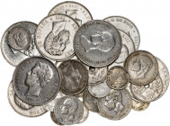 1871 a 1937. 25 (dos), 50 (ocho) céntimos, 1 (tres), 2 (cuatro) y 5 (diez) pesetas. Lote de 27 monedas. A examinar. MBC-/EBC.