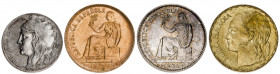 1933 y 1937. II República. 5 y 50 céntimos, y 1 peseta (dos). Serie de 4 monedas. EBC-/EBC+.