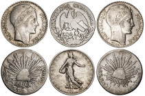 (s. XIX-XX). Lote de 3 monedas francesas de 2 y 10 (dos) francos, y 3 mexicanas de 2 reales. Total 6 piezas. A examinar. BC/MBC+.