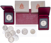 Lote de 12 monedas en plata de diversos países, dos en estuche y tres en expositor. A examinar. EBC/S/C.