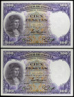 1931. 100 pesetas. (Ed. C11) (Ed. 360). 25 de abril, Fernández de Córdoba. Pareja correlativa. Fondo del personaje en violeta. S/C-.