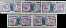 1937. 50 céntimos. (Ed. C42) (Ed. 391). 5 billetes correlativos, serie B. S/C.