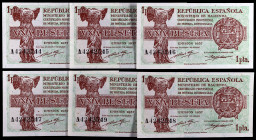 1937. 1 peseta. (Ed. C43) (Ed. 392). 6 billetes correlativos, serie A. S/C-/S/C.