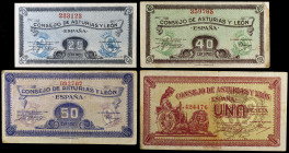 Asturias y León. 25, 40, 50 céntimos y 1 peseta. (Ed. C45 a C48) (Ed. 394 a 397). 4 billetes. MBC-/EBC+.