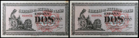 Asturias y León. 2 pesetas. (Ed. C49) (Ed. 398). 2 billetes, pareja correlativa. Numeración 029975/6. Manchita. S/C-.