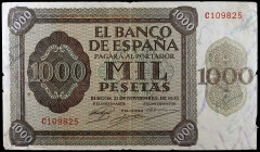 1936. Burgos. 1000 pesetas. (Ed. D24a) (Ed. 423a). 21 de diciembre. Serie C, última emitida. Roturas. Raro. BC+.