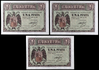 1938. Burgos. 1 peseta. (Ed. D29a) (Ed. 428a). 30 de abril. Trio correlativo, serie D. Esquinas rozadas. S/C-.