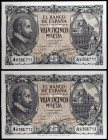1940. 25 pesetas. (Ed. D37) (Ed. 436). 9 de enero, Juan de Herrera. Pareja correlativa, serie A. Leve doblez central. Pleno apresto. EBC+.